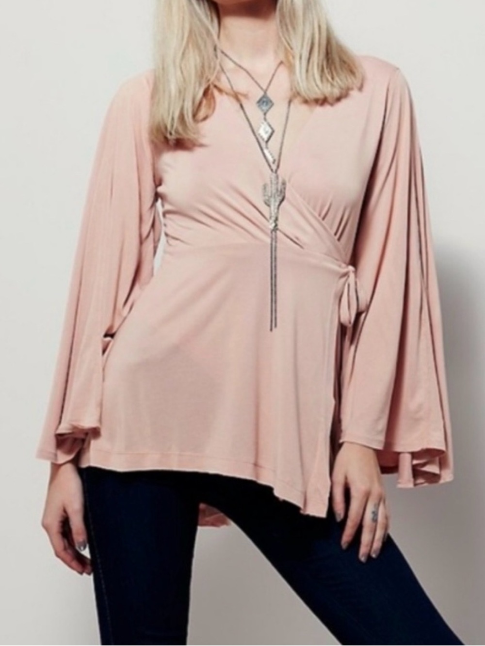 Free People Blush Pink Wrap Tie Bell Sleeve Top